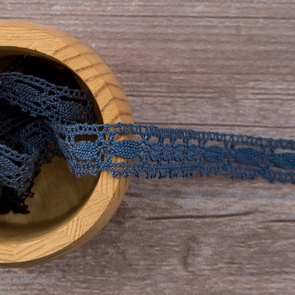 Мерсеризованное хлопковое кружево, 15 мм, цвет джинсово-синий. Арт 1798/89                 