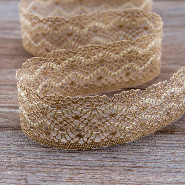 Мерсеризованное хлопковое кружево, 35 мм, цвет бежевый с белым. Арт 1880/J2