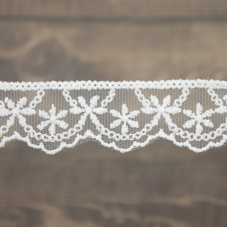 Кружево-вышивка на тюле, 28 мм, цвет белый, 100% полиэстер, 3,5 м. Арт T-1910.212