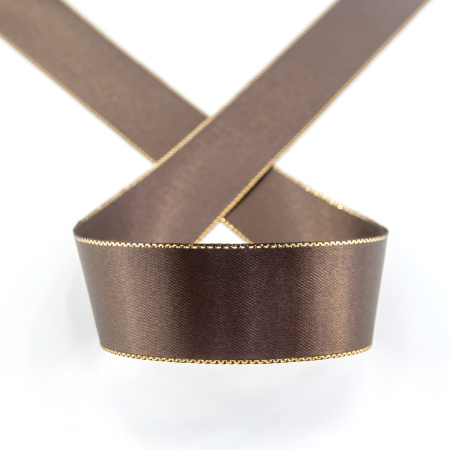 Лента атласная SAFISA с люрексным кантом по краям, 25 мм, 25 м, цвет 17, темно-коричневый. Арт 25190-25мм-17