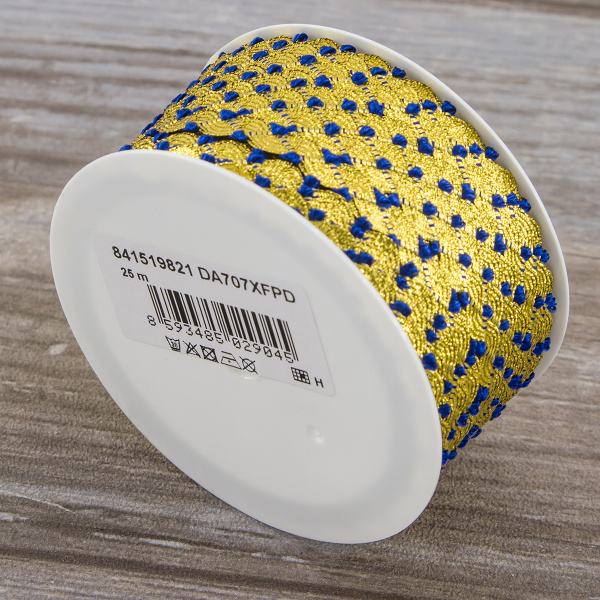 Тесьма PEGA тип вьюнчик люрекс, золото с синим, 7 мм. Арт 841519821DA707