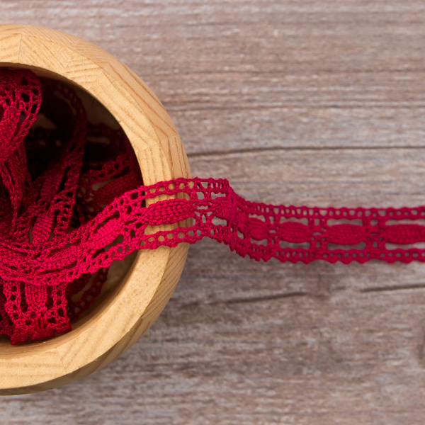 Мерсеризованное хлопковое кружево, 15 мм, цвет бургунд. Арт 1798/F1                 