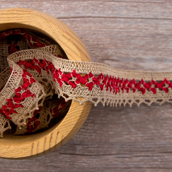 Мерсеризованное хлопковое кружево, 20 мм, цвет бежево-серый/бордовый. Арт 1889/X6