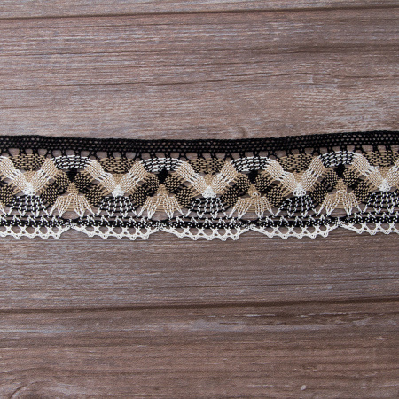 Мерсеризованное хлопковое кружево, 55 мм, цвет белый/бежевый/черный. Арт 1854/D6