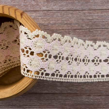 Мерсеризованное хлопковое кружево, 40 мм, цвет экрю с розовым. Арт 3680/95
