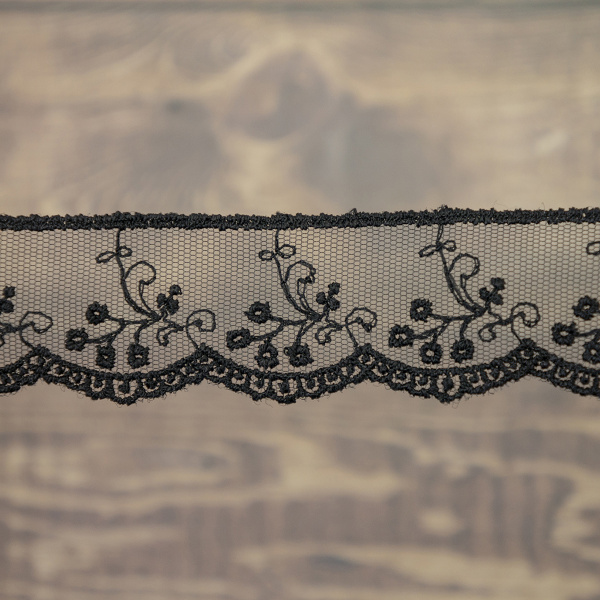 Кружево-вышивка на тюле, 32 мм, цвет черный, 100% полиэстер, 3,5 м. Арт T-30115.13