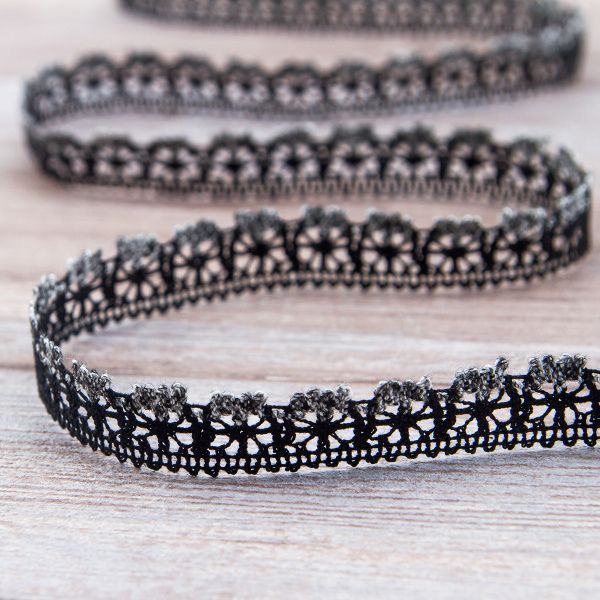 Мерсеризованное хлопковое кружево, 15 мм, цвет черный с серым. Арт 3247/R8                 