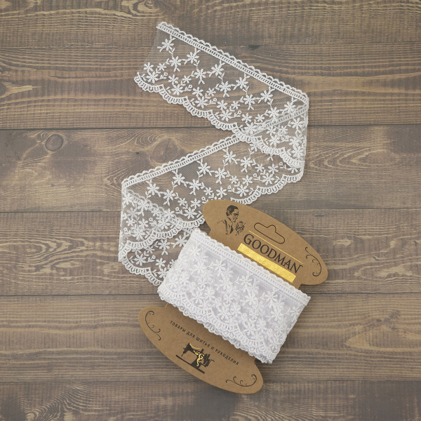 Кружево-вышивка на тюле, 65 мм, цвет белый, 100% полиэстер, 4,5 м. Арт T-3005.212