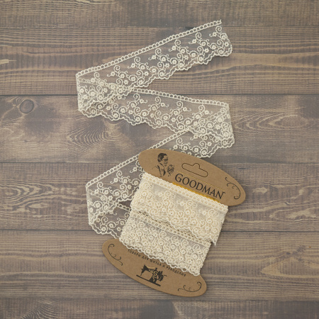 Кружево-вышивка на тюле, 42 мм, цвет бежевый, 100% полиэстер, 3,5 м. Арт T-2443.371