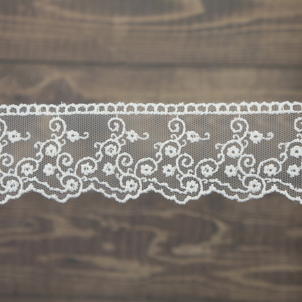 Кружево-вышивка на тюле, 42 мм, цвет молочный, 100% полиэстер, 3,5 м. Арт T-2443.112