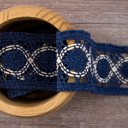 Мерсеризованное хлопковое кружево, 40 мм, цвет джинсовый синий с белым. Арт 2052/RH