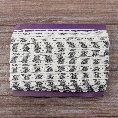 Мерсеризованное хлопковое кружево, 13 мм, цвет белый с серым. Арт 3615/R7                 