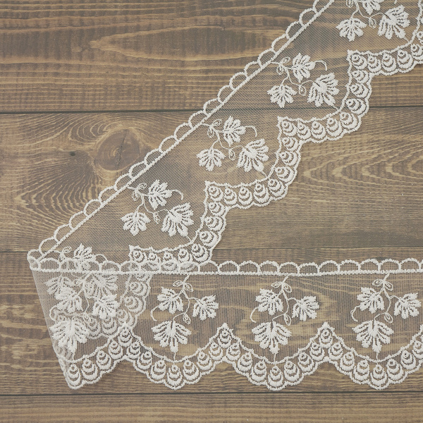 Кружево-вышивка на тюле, 70 мм, цвет белый, 100% полиэстер, 3,5 м. Арт WT-1915.212