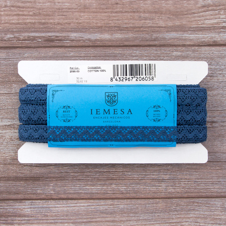 Мерсеризованное хлопковое кружево, 16 мм, цвет джинсово-синий. Арт 2066/89