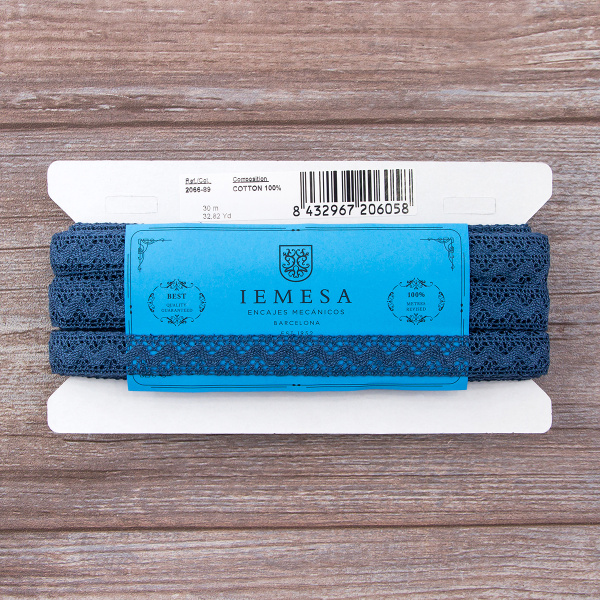 Мерсеризованное хлопковое кружево, 16 мм, цвет джинсово-синий. Арт 2066/89