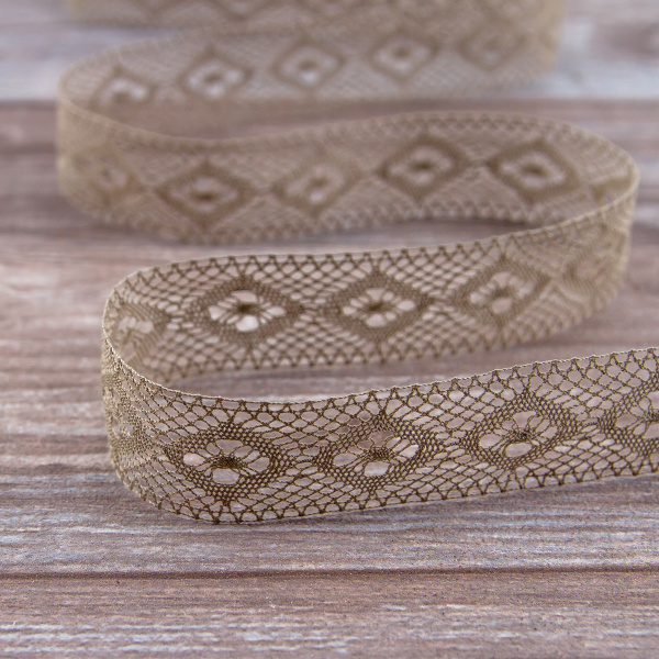 Мерсеризованное хлопковое кружево, 25 мм, цвет темно-бежевый. Арт 2024/5T