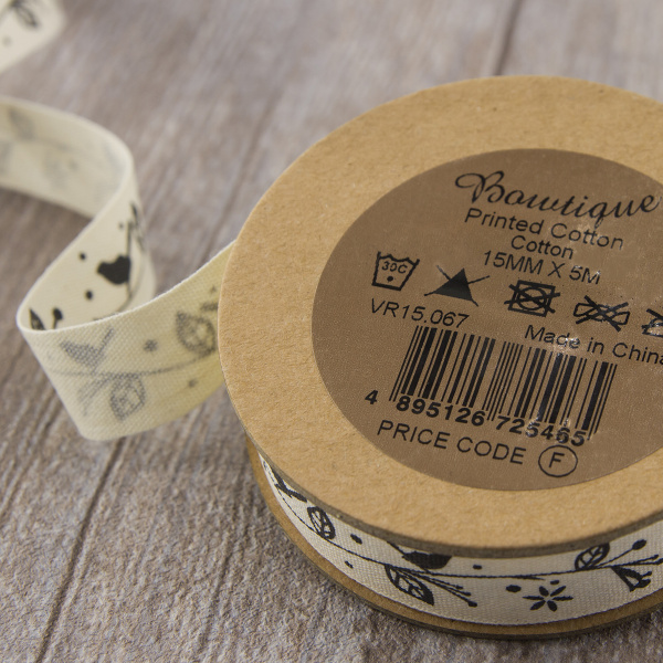 Лента хлопковая на картонной мини-катушке "Птички на ветке". Арт VR15.067