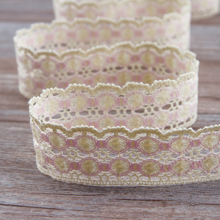 Мерсеризованное хлопковое кружево, 40 мм, цвет экрю с розовым. Арт 3680/95