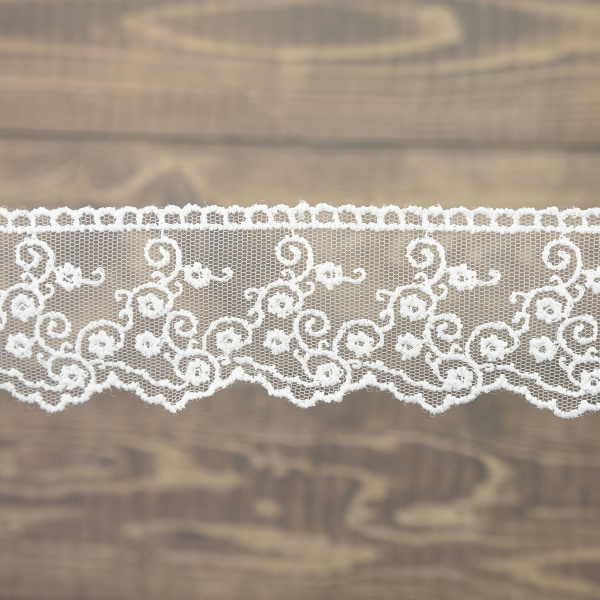 Кружево-вышивка на тюле, 42 мм, цвет белый, 100% полиэстер, 3,5 м. Арт T-2443.212