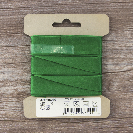 Косая бейка атласная  на блистере SAFISA, 20 мм, 2,5 м, цвет 25, зеленый. Арт P06260-20мм-25          