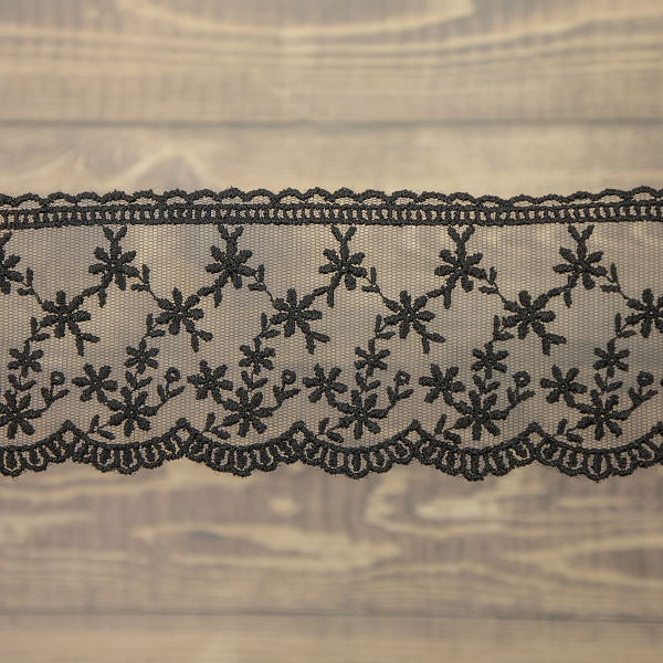 Кружево-вышивка на тюле, 65 мм, цвет черный, 100% полиэстер, 4,5 м. Арт T-3005.13