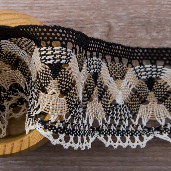 Мерсеризованное хлопковое кружево, 55 мм, цвет белый/бежевый/черный. Арт 1854/D6