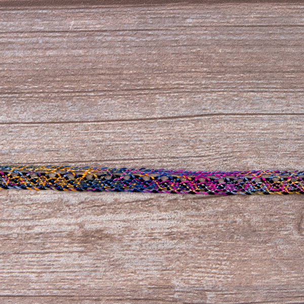 Мерсеризованное хлопковое кружево, 13 мм, цвет сиренево-серо-желто-розовый с черным. Арт 3155/A4