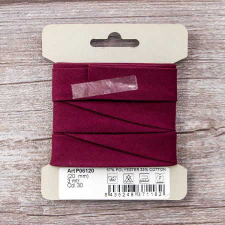 Косая бейка хлопок/полиэстер на блистере, 20 мм, 3 м, цвет 30,  Бордовый. Арт P06120-20мм-30          