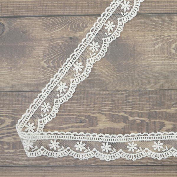 Кружево-вышивка на тюле, 30 мм, цвет молочный, 100% полиэстер, 4,5 м. Арт T-3003.112