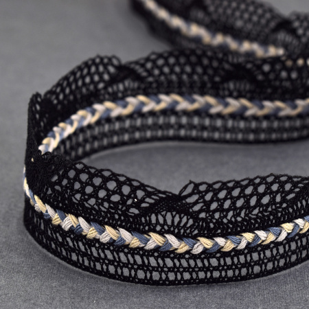 Мерсеризованное хлопковое кружево, 35 мм, цвет чёрный. Арт 2196/14