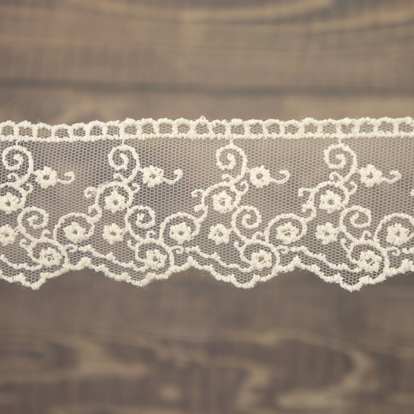 Кружево-вышивка на тюле, 42 мм, цвет бежевый, 100% полиэстер, 3,5 м. Арт T-2443.371