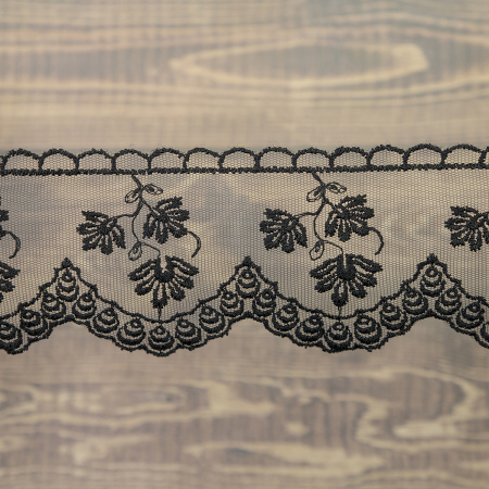 Кружево-вышивка на тюле, 70 мм, цвет черный, 100% полиэстер, 3,5 м. Арт WT-1915.13