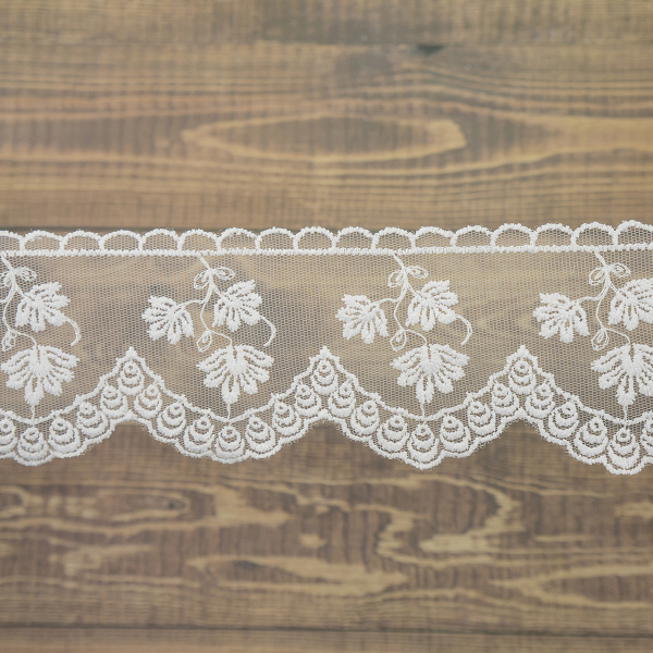 Кружево-вышивка на тюле, 70 мм, цвет белый, 100% полиэстер, 3,5 м. Арт WT-1915.212