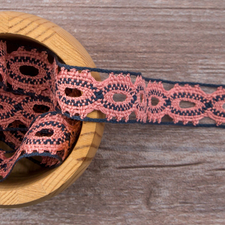 Мерсеризованное хлопковое кружево, 20 мм, цвет пыльно-розовый с цветом морской волны. Арт 1826/R5                 