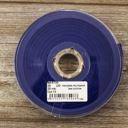Косая бейка хлопок/полиэстер 20 мм, 25 м, цвет 13, синий. Арт 6120-20мм-13            