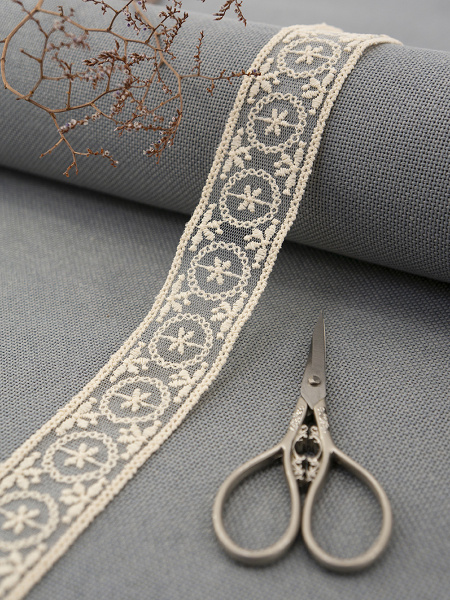 Кружево-вышивка на тюле, 33 мм, цвет бежевый, 100% полиэстер, 3,5 м. Арт T-2005.371