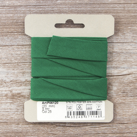 Косая бейка хлопок/полиэстер на блистере, 20 мм, 3 м, цвет 25, Зеленый. Арт P06120-20мм-25          