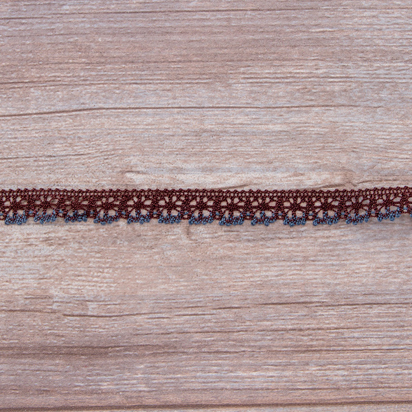 Мерсеризованное хлопковое кружево, 15 мм, цвет коричневый с джинсово-синим. Арт 3247/R3                 