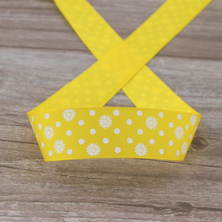 Лента репсовая SAFISA с напечатаным рисунком, 25 мм, 15 м, цвет 32, желтый. Арт 25313-25мм-32