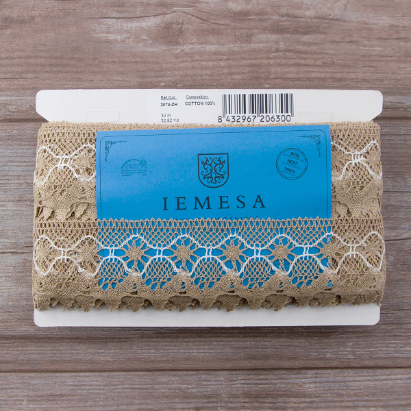 Мерсеризованное хлопковое кружево, 63 мм, цвет бежевый. Арт 2074/ZH