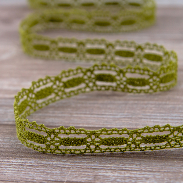 Мерсеризованное хлопковое кружево, 15 мм, цвет оливковый. Арт 1798/61                 