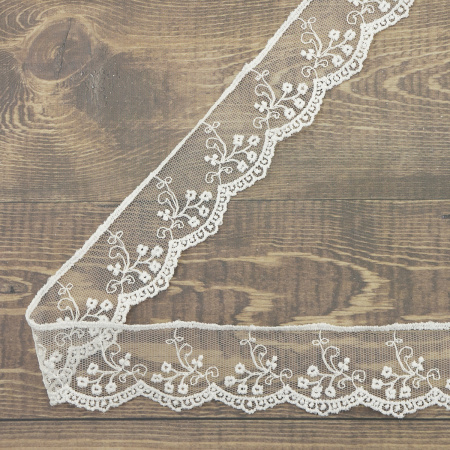 Кружево-вышивка на тюле, 32 мм, цвет белый, 100% полиэстер, 3,5 м. Арт T-30115.212