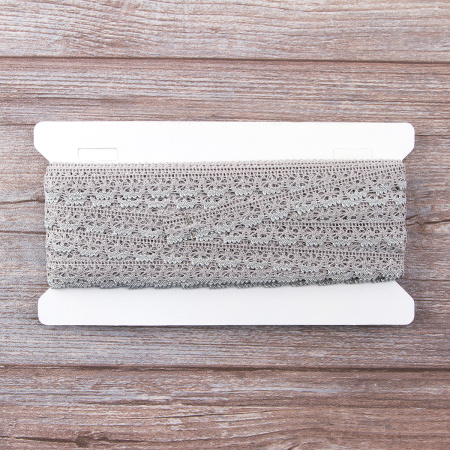 Мерсеризованное хлопковое кружево, 15 мм, цвет серый с серебристым люрексом. Арт 3247/J9                 