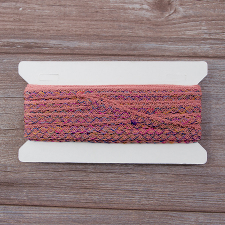 Мерсеризованное хлопковое кружево, 13 мм, цвет пыльно-розовый с сиренево-желтым. Арт 3155/A3