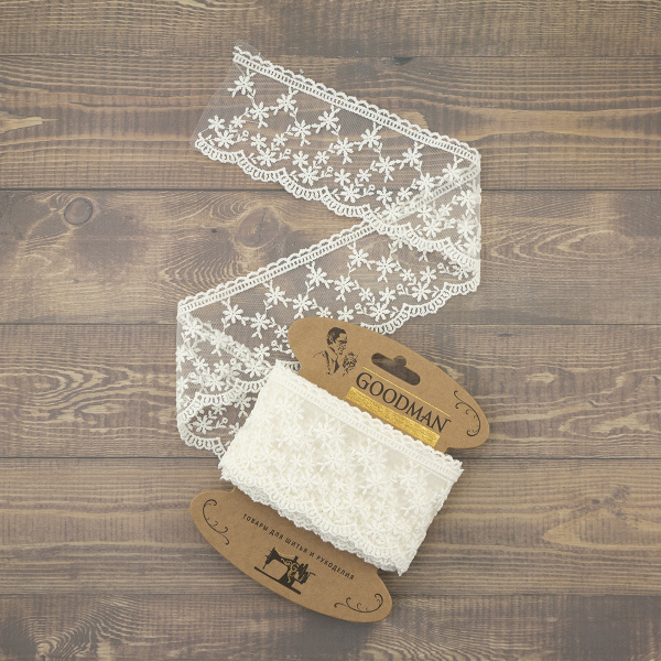 Кружево-вышивка на тюле, 65 мм, цвет молочный, 100% полиэстер, 4,5 м. Арт T-3005.112