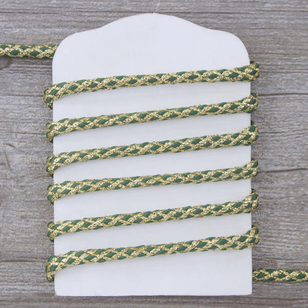 Шнур плетеный PEGA с люрексом, золото с зеленым, 7 мм, 15 м. Арт 881218724DX704