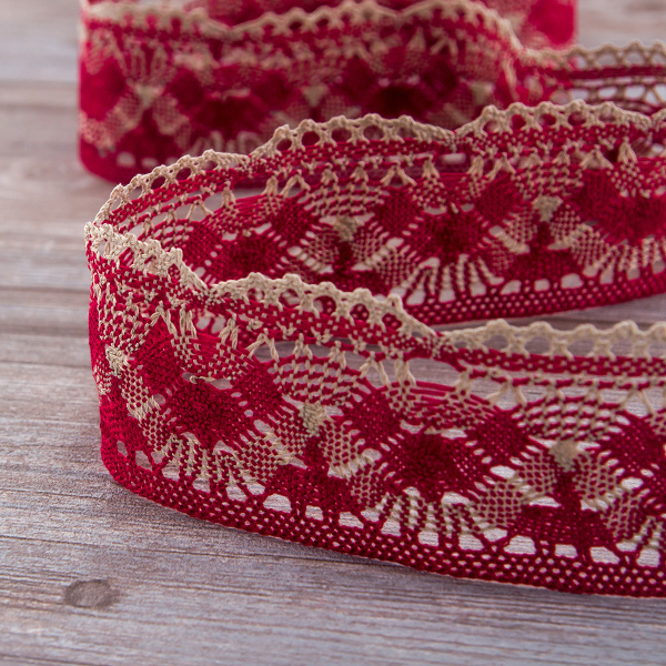 Мерсеризованное хлопковое кружево, 55 мм, цвет бордовый с бежевым. Арт 1854/R4