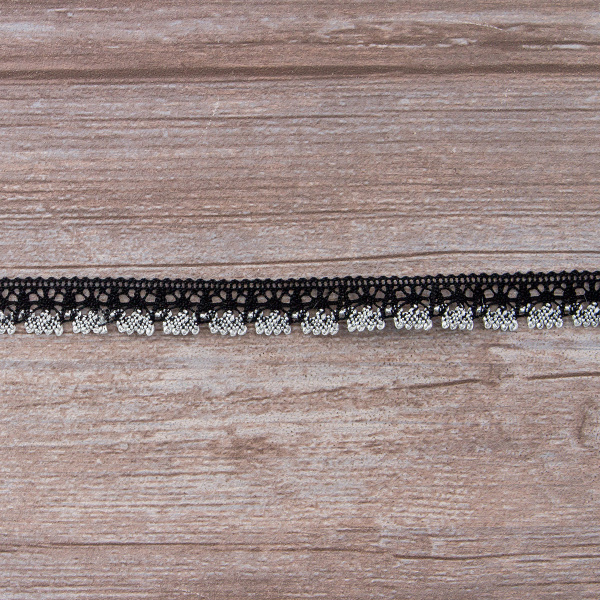 Мерсеризованное хлопковое кружево, 15 мм, цвет черный с серебристым люрексом. Арт 3247/J4                 