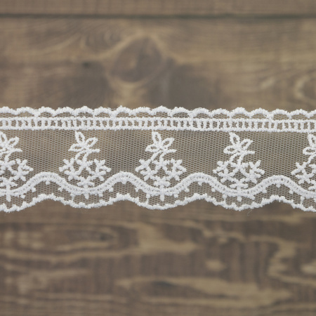 Кружево-вышивка на тюле, 23 мм, цвет белый, 100% полиэстер, 4,5 м. Арт T-3011.212