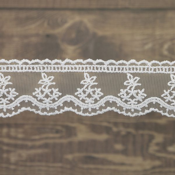 Кружево-вышивка на тюле, 23 мм, цвет белый, 100% полиэстер, 4,5 м. Арт T-3011.212